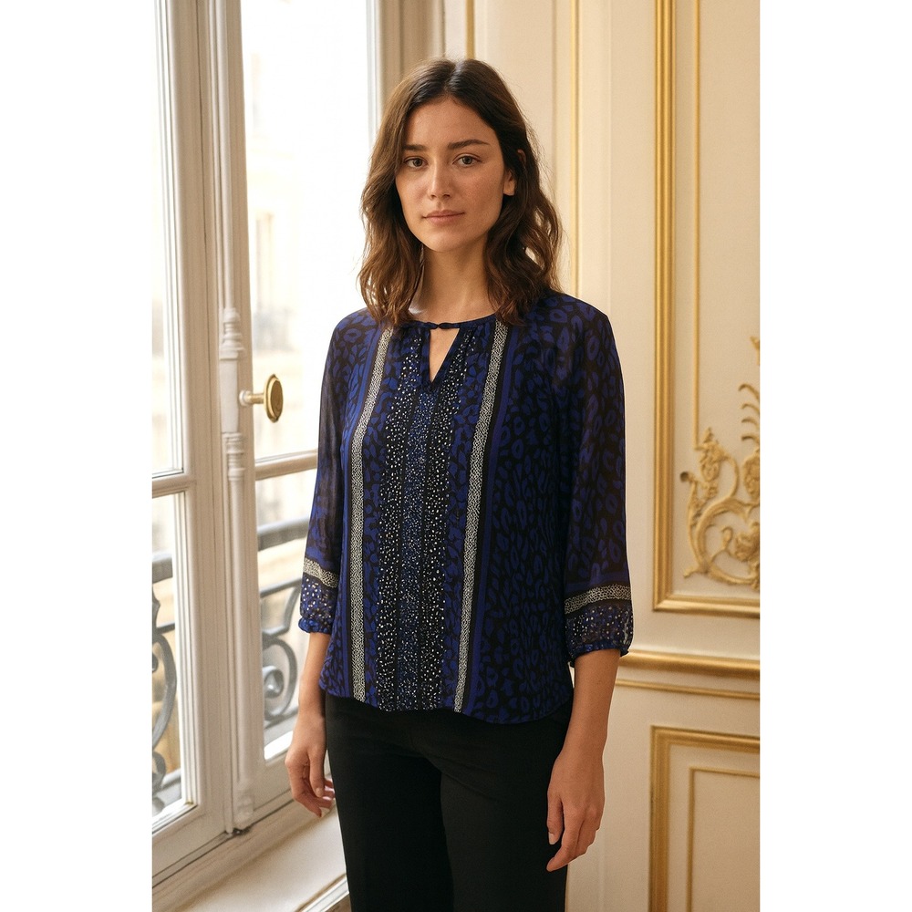 APT 9 Womens Blouse Blue Animal Print Keyhole Neck 3/4‎ Sleeve Top